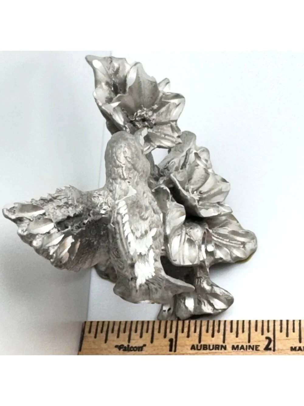 Pewter Hummingbird & Hibiscus Vtg Figurine Separate Agate Base 3.5